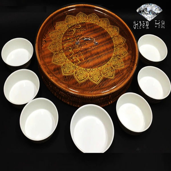 صينية افطار ماسة الاواني مع 7 صحون الوان متعددة وغطاء شفاف مزخرف